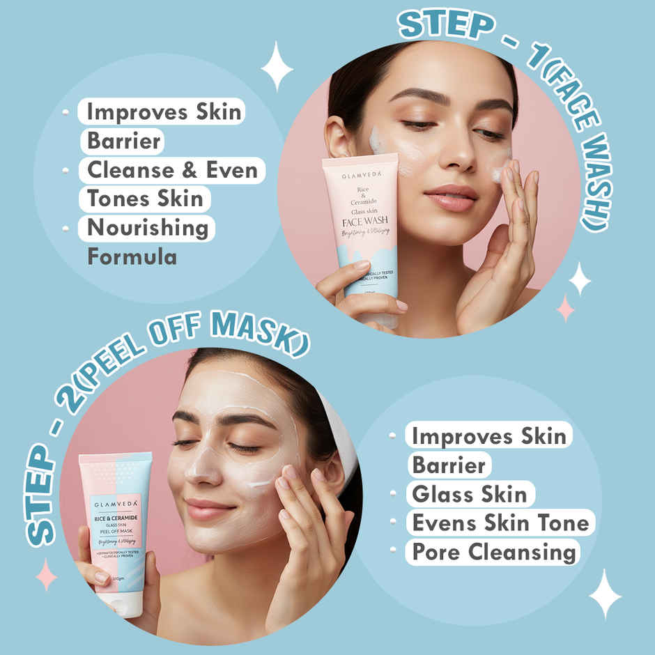 Glamveda Korean Glass Skin Rice and Ceramide 7 Step Weekly Skincare Routine For Women with Gift Box