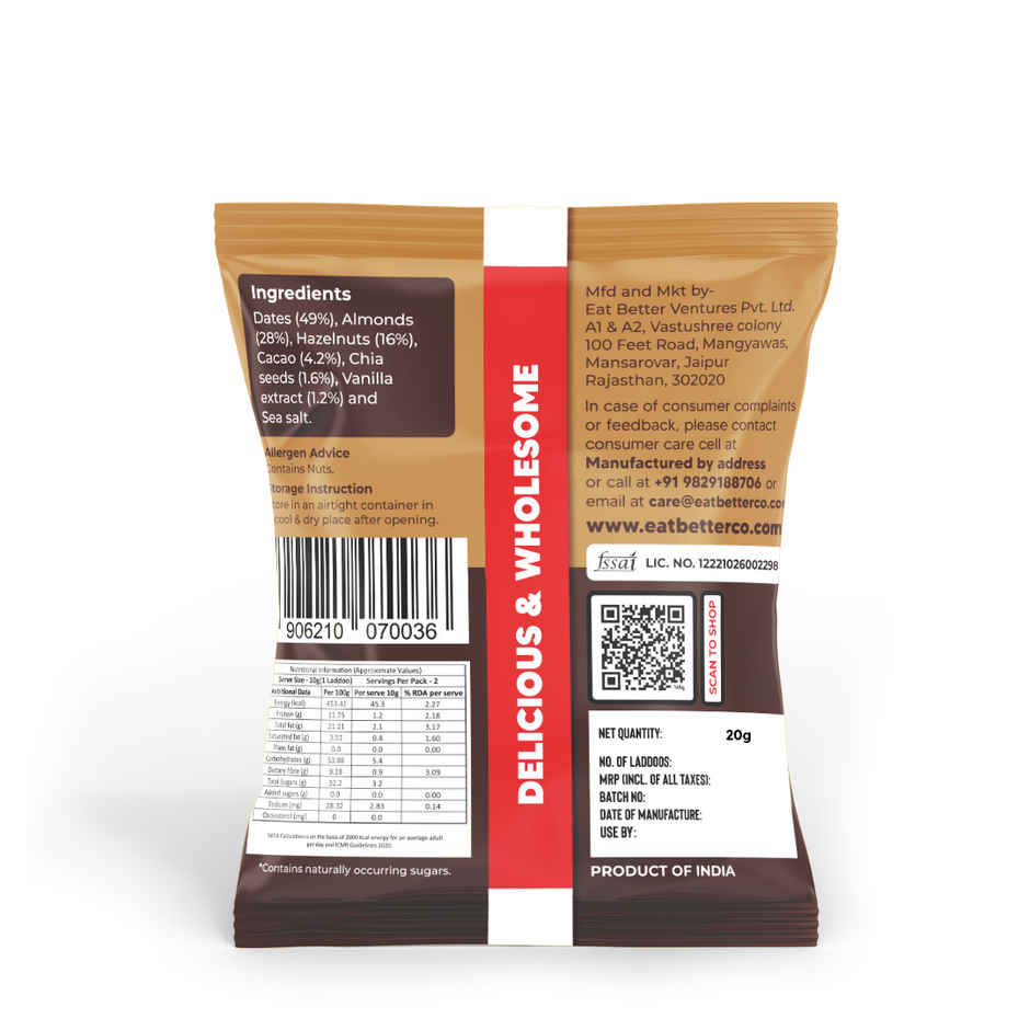 Eat Better Co Hazelnut Chocolate Sugar-Free Laddu