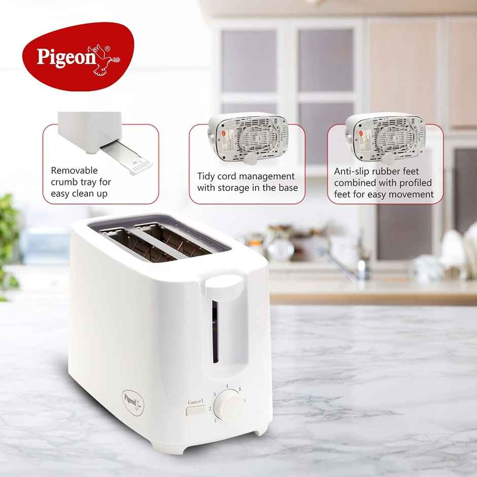 Pigeon 750 Watt  2 Slice Auto Pop up Toaster With Variable Browning Control - White