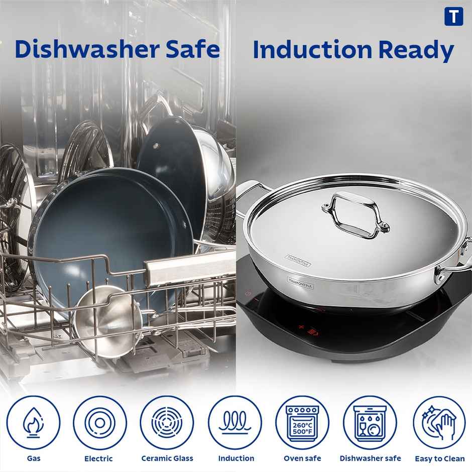 Tramontina Fusao Triply Ceramic Kadai | 30 cm | Stainless Steel Lid | Induction Compatible