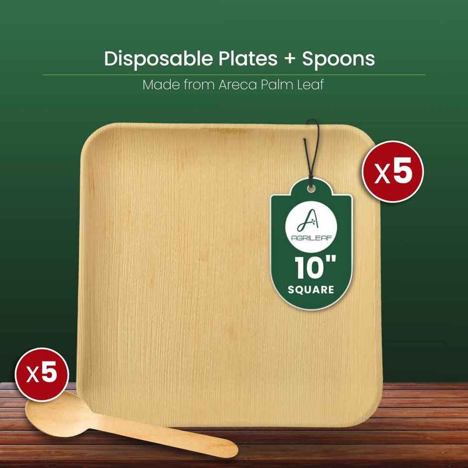 AGRILEAF 10 Inch Square Areca Palm Leaf Disposable Plates with Spoons | 5 Plates + 5 Spoons
