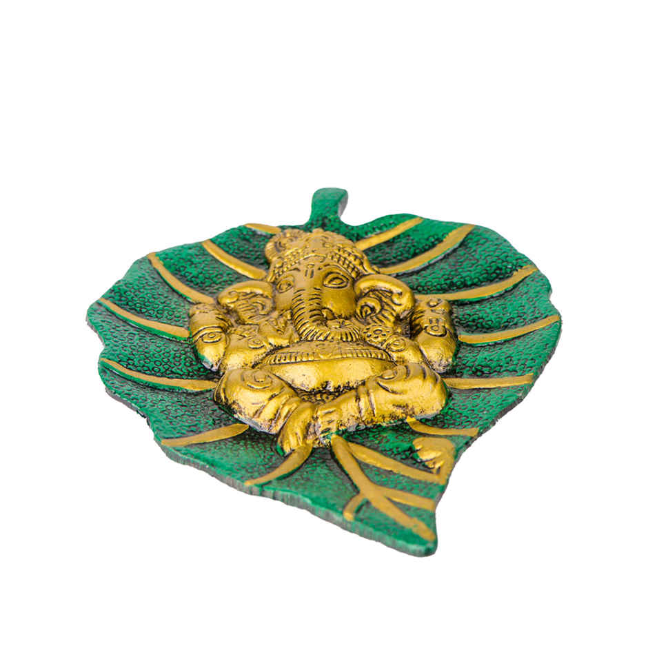 Ganesh Ji on Green Leaf Wall Hanging in Gold Polish Small Size | Devnidhi