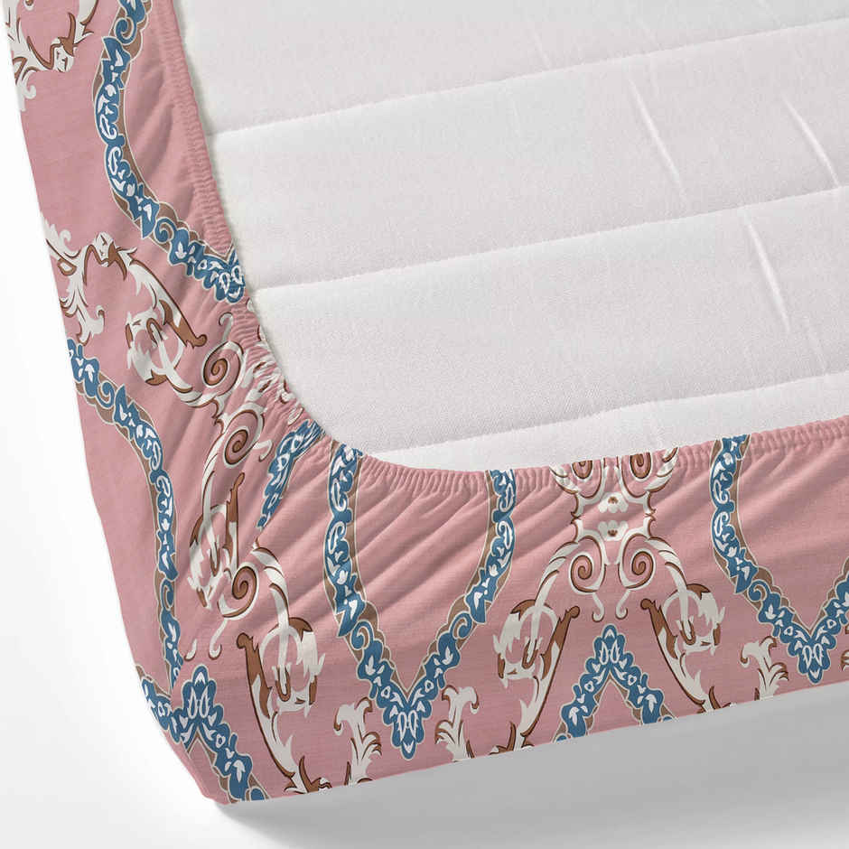 DREAM WEAVERZ Elastic Fitted Double Bedsheet | 2 Frill Pillow Covers | Polycotton | Pink