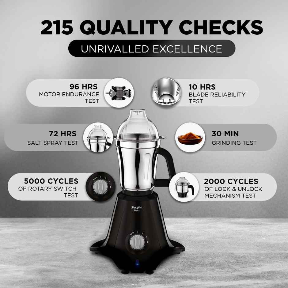 Preethi Boltz Mixer Grinder For Kitchen | 1000 W Mixie | 4 Jars - Black