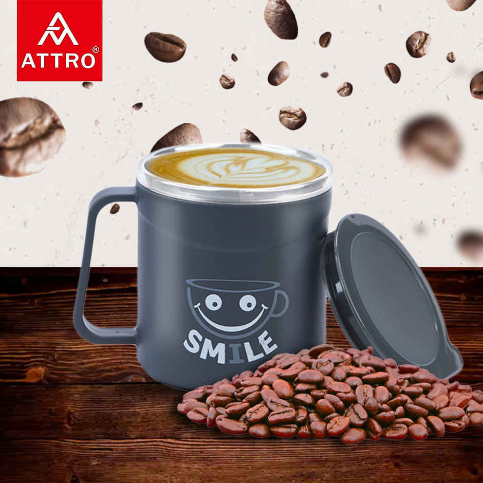Attro Happy Mug | Double Wall Stainless Steel Lid | Cup for Hot Coffee-Tea | 300 ml | Grey