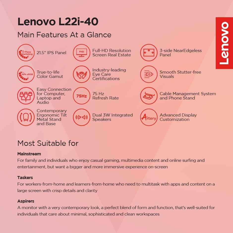 Lenovo L22i-40, 22 inch (54.6cm), IPS, FHD, 75Hz, Grey, 4ms, AMD FreeSync, 99% sRGB, 2X3W Speakers, HDMI 1.4, VGA, Tilt Stand, 3 Year Warranty Monitor