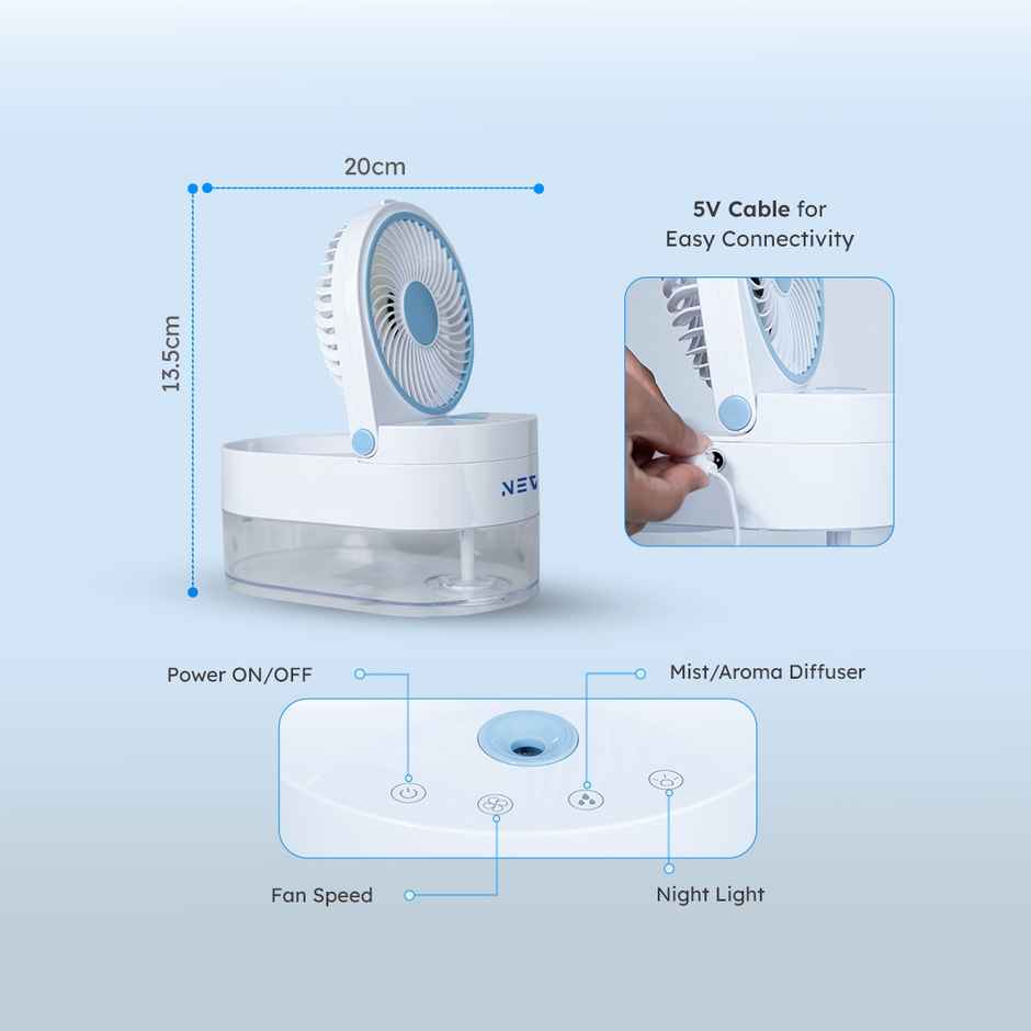 NEV Aqua Mist 4-in-1 Mini Desktop Fan with 3 Speeds | 500 ml Water Tank