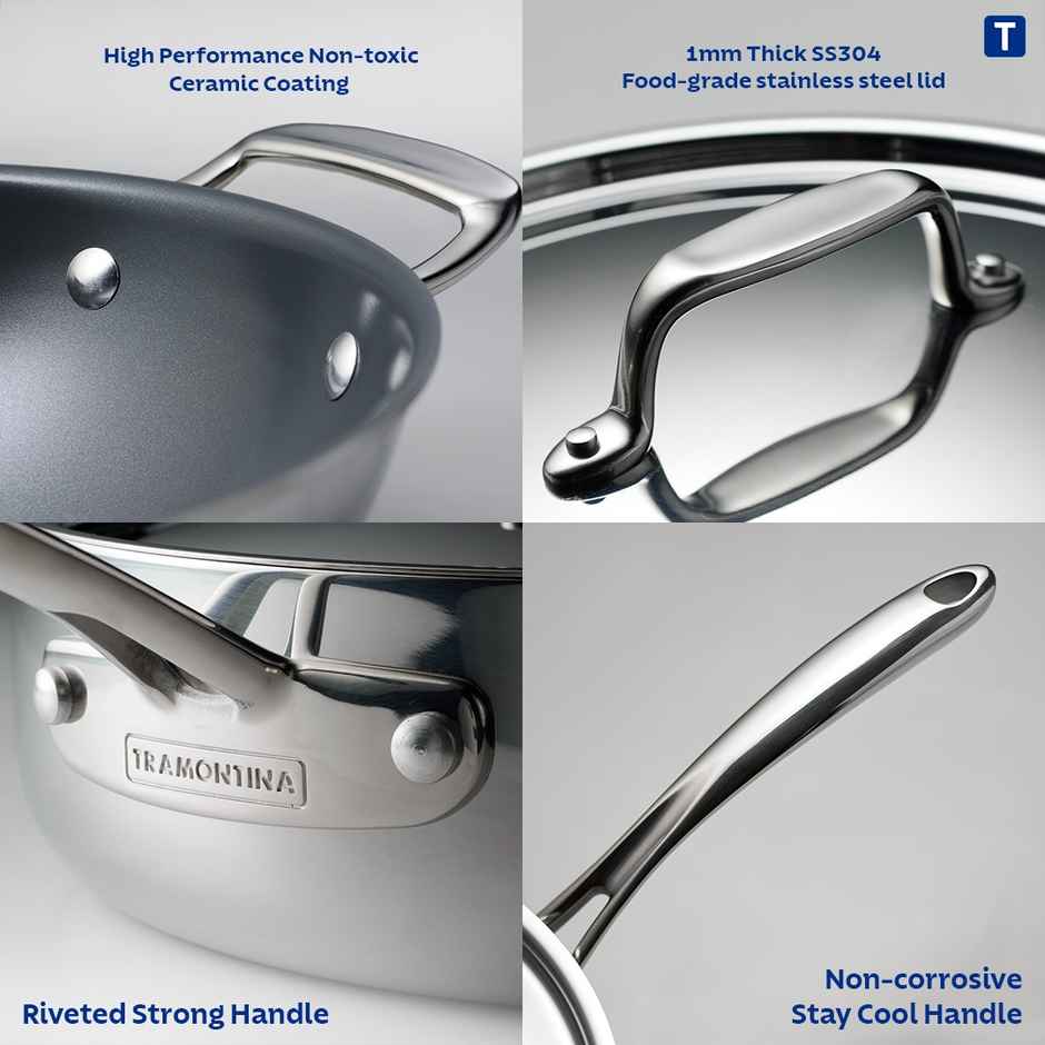 Tramontina Fusao Triply Ceramic Fry Pan | 20 cm | Stainless Steel Lid | Induction Compatible