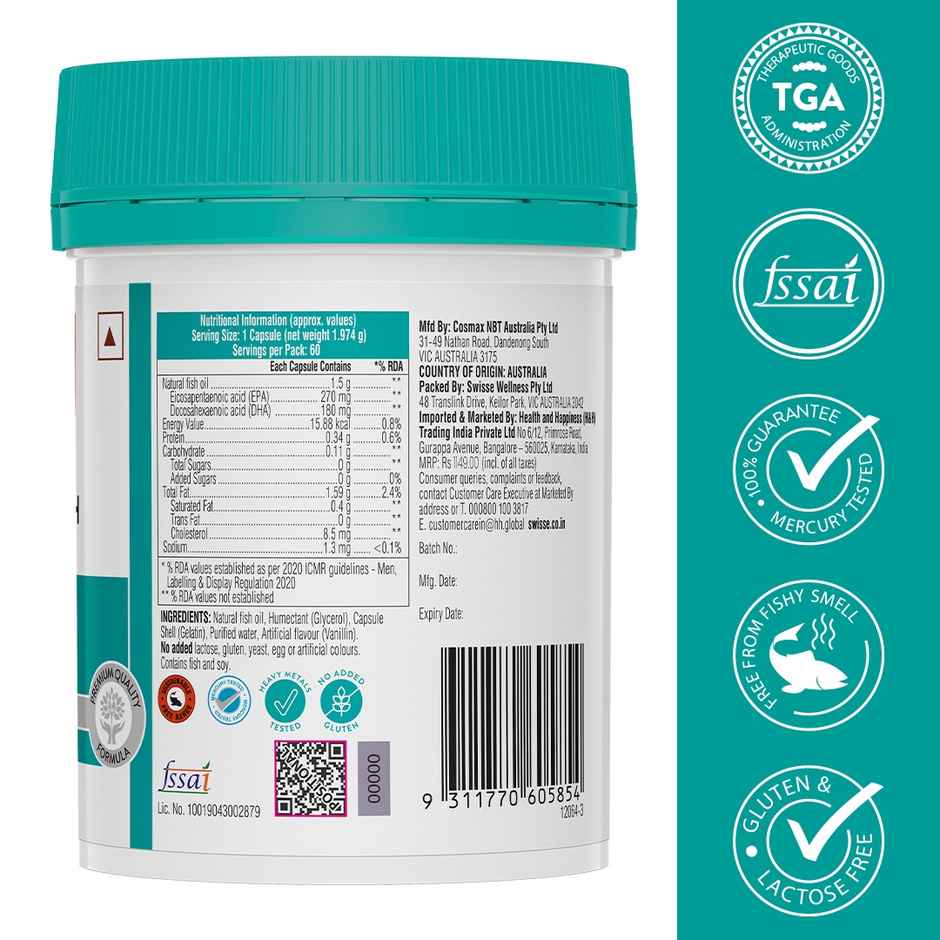 Swisse Fish Oil With 1500Mg ,Highest Omega-3 Content In One Capsule - 60 Days Pack