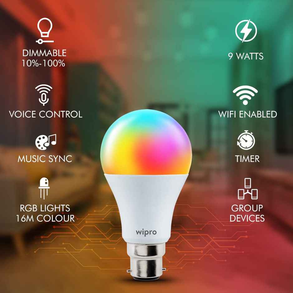 Wipro 9W B22 WiFi Smart LED Bulb with Music Sync Compatible with Amazon Alexa and Google Assistant