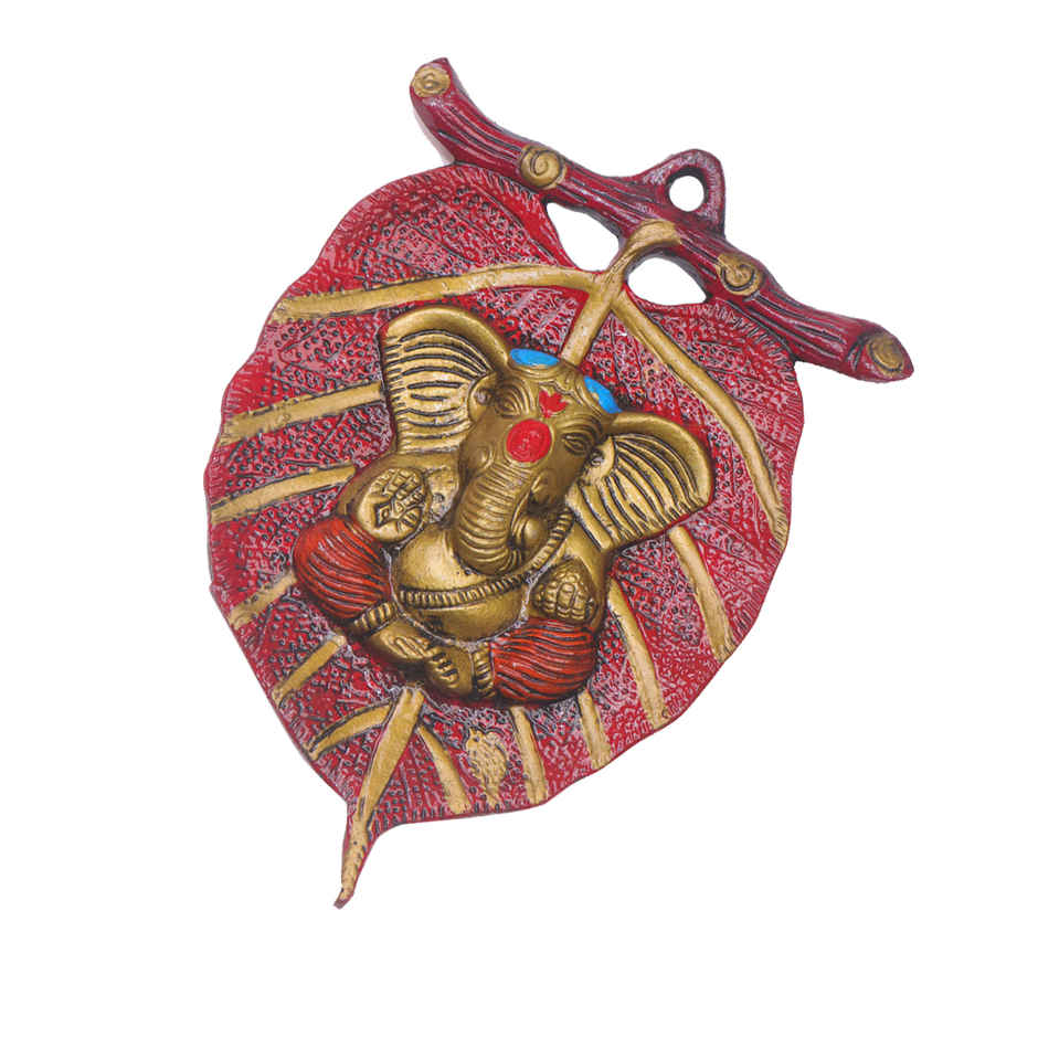 Ganesh Ji on Red Leaf Wall Hanging in Gold Polish | Devnidhi