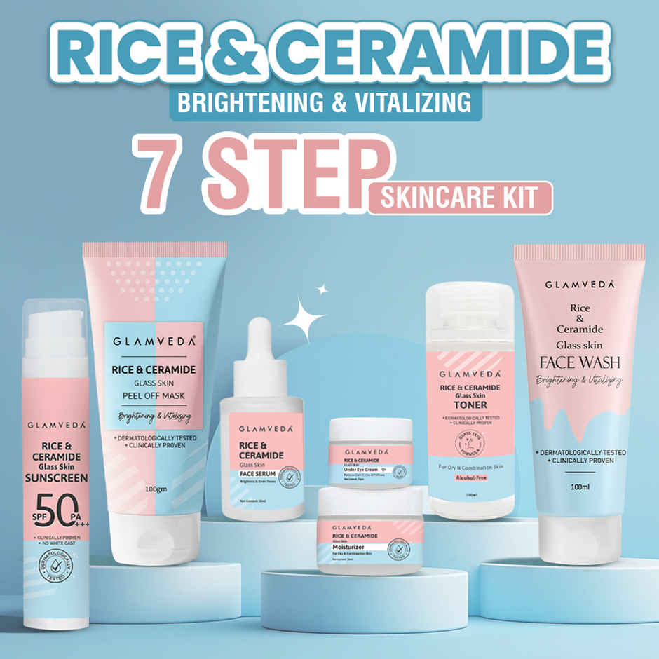 Glamveda Korean Glass Skin Rice and Ceramide 7 Step Weekly Skincare Routine For Women with Gift Box
