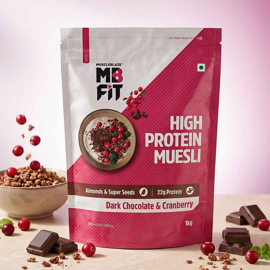 MuscleBlaze Fit High Protein Muesli (Dark Chocolate & Cranberry, 1kg) | 22g Protein