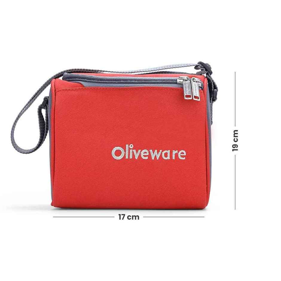 Oliveware Milano Lunch Box, 3 Stainless Steel Containers, Sipper and Steel Spoon - Red