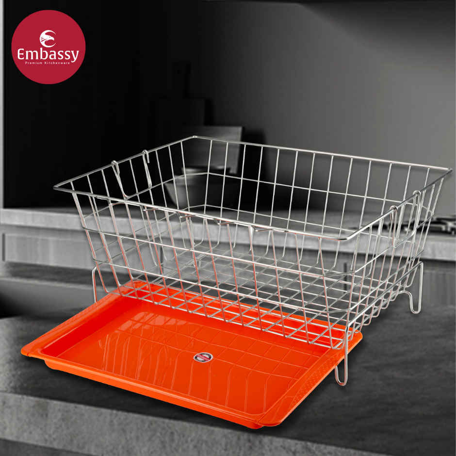 Embassy Premium Dish Drainer Rack With Drip Tray / Utensils Basket | 53x42x25 cm, Stainless Steel