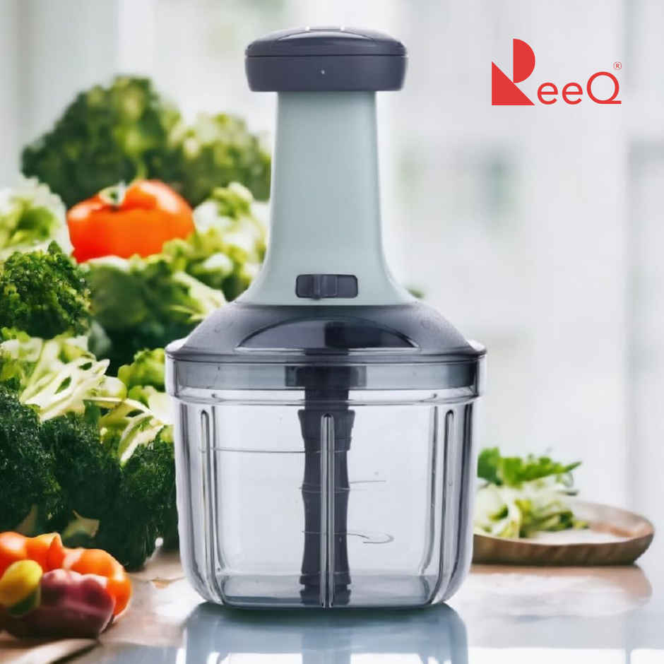 ReeQ Manual Hand Press Vegetable Chopper - Onion, Garlic & Salad Cutter with Transparent Container