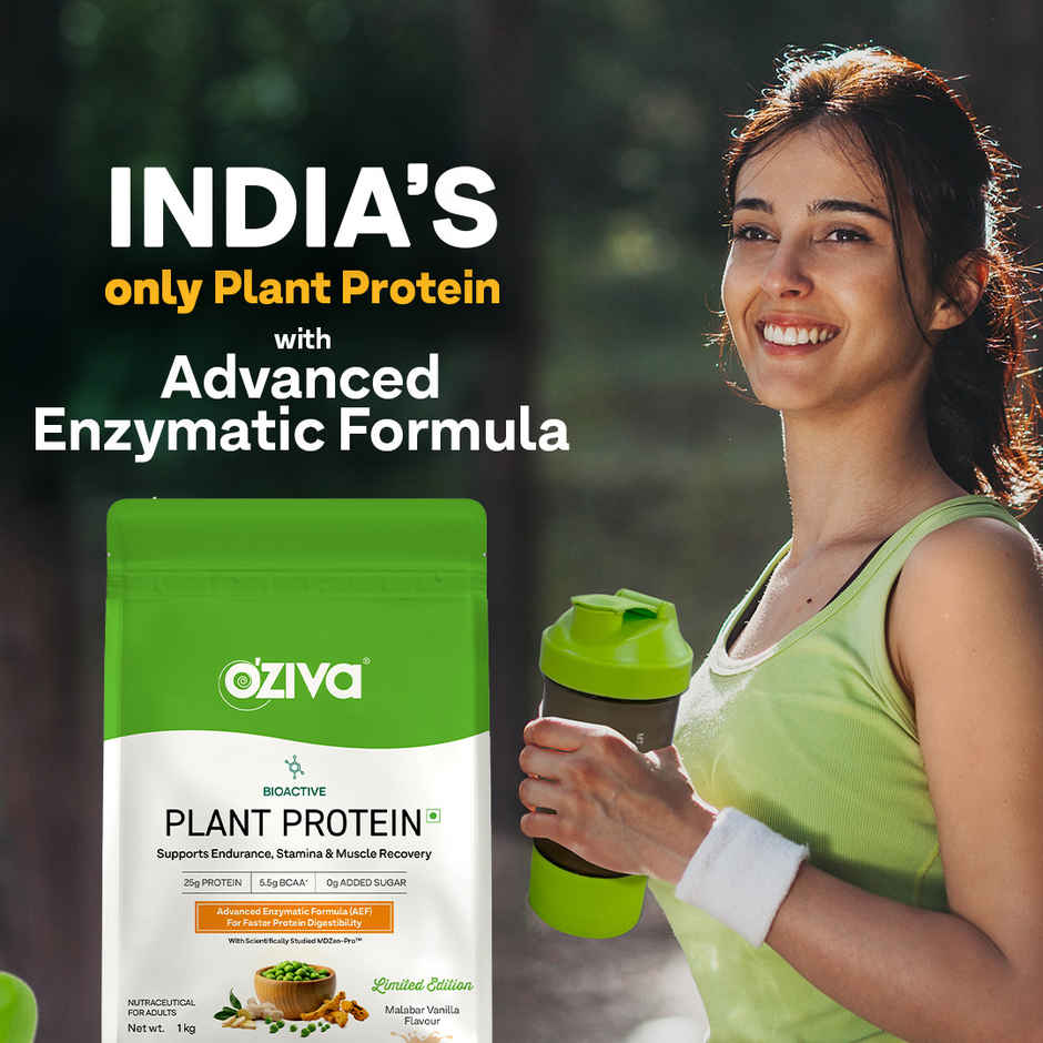 Oziva Bioactive Plant Protein Powder, 25g Protein | 5.5g BCAA | EAA | Sugar Free - Malabar Vanilla