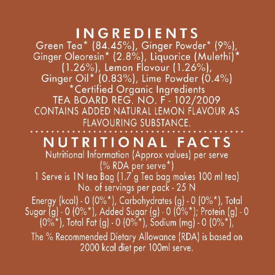 Eco Valley Organic Green Tea- Ginger Mulethi Lemon| Boost Energy, Helps Burn Body Fat| Zero Calories