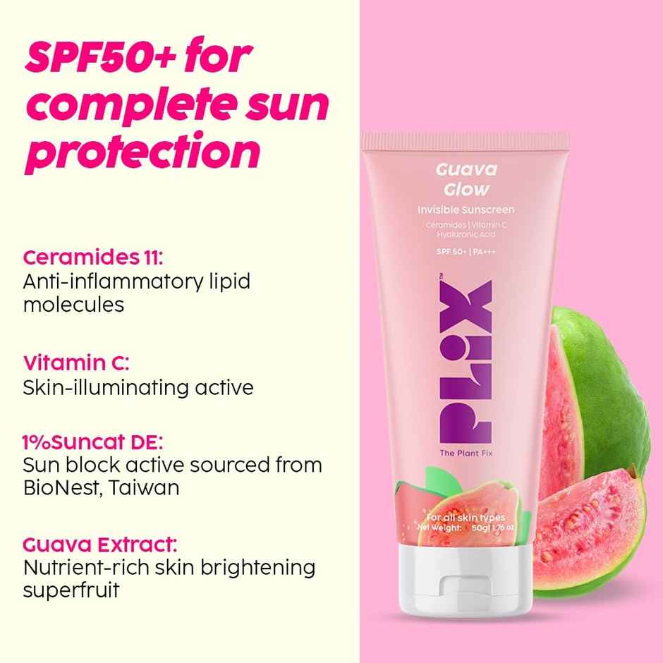 Plix Guava Glow Sunscreen SPF 50+ with UVA, UVB & Blue Light Protection enriched with Ceramides & Hyaluronic Acid