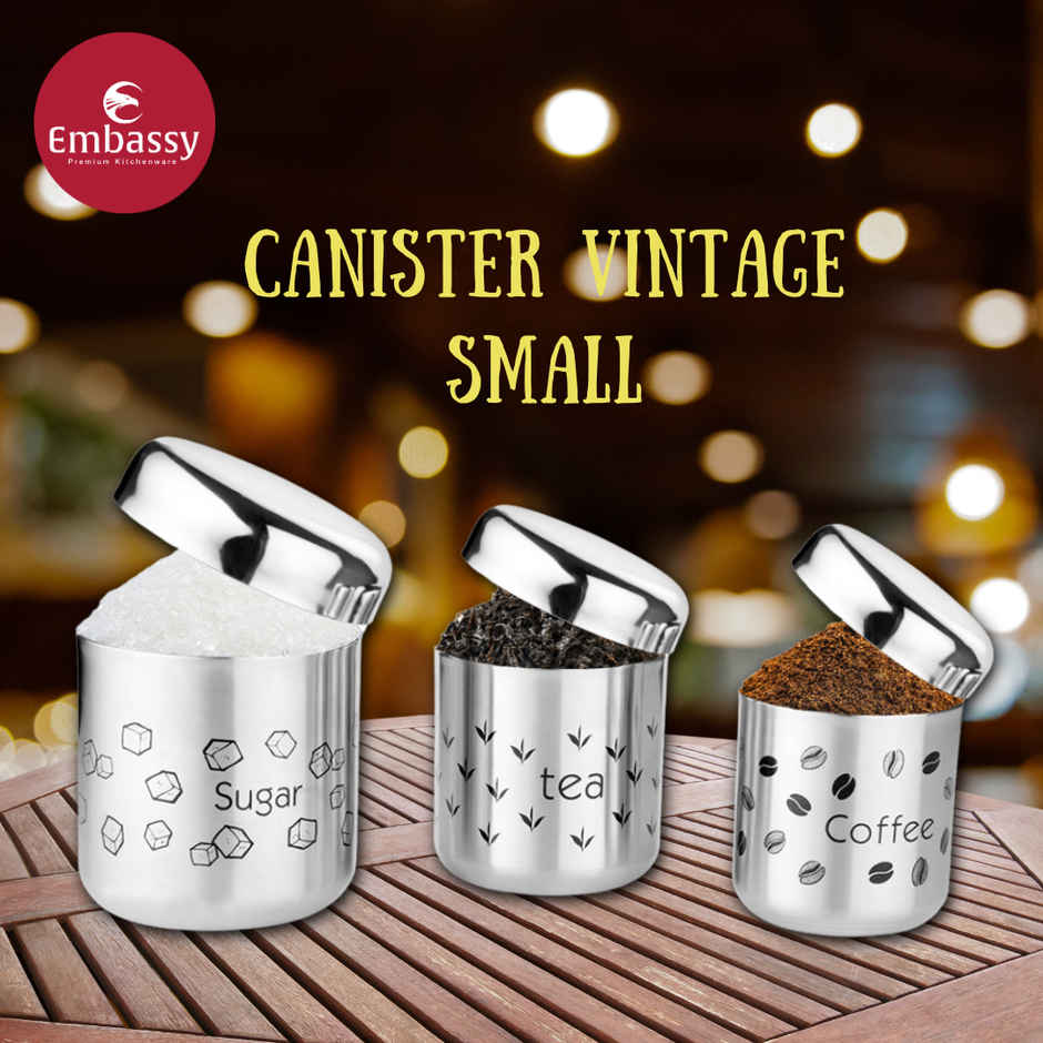 Embassy Coffee Tea Sugar Canister Set, 350/500/700 ml, Vintage Design, Premium Stainless Steel