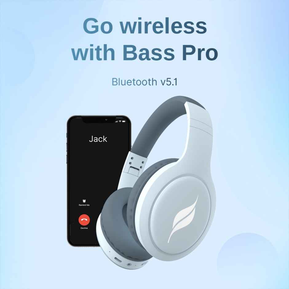 Leaf Bass Pro Wireless Over Ear Headphones, 50 H Playback Time, Dual Pairing, (Aqua Grey)