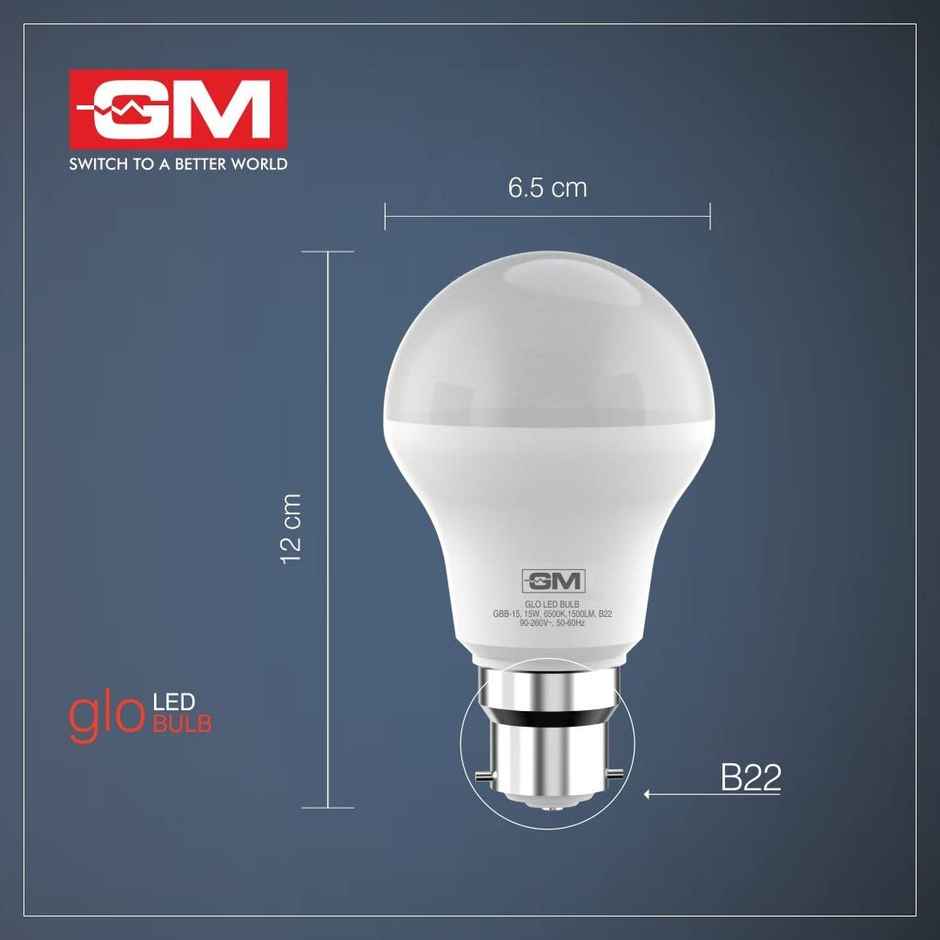 Gm Geo 15 Watt Led Bulb, 6500K White Cool Day Light Bulb | B22 Base Holder