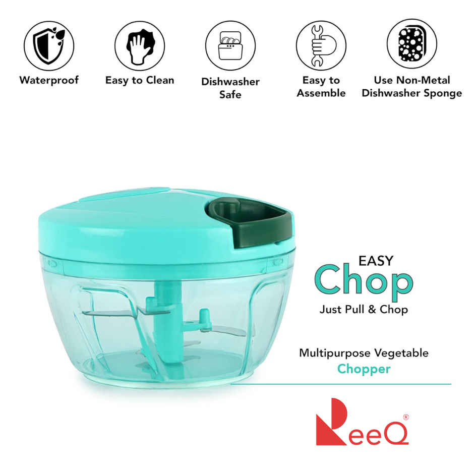 ReeQ Manual Pull Chopper -Mini Vegetable & Fruit Cutter with 3 Stainless Steel Blades