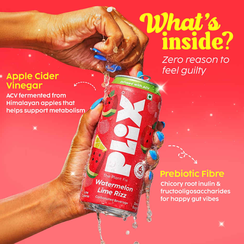 Plix Watermelon Lime Rizz Fizzy Soft Drink Can|Low Calorie & Zero Sugar|Prebiotics with 6g Fibre