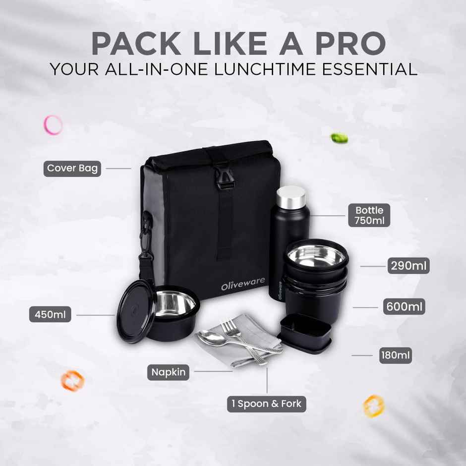 Oliveware Teso Pro Lunch Box Steel 290 ml 450 ml & 600 ml Pickle Box 130 ml Bottle 750 ml Black