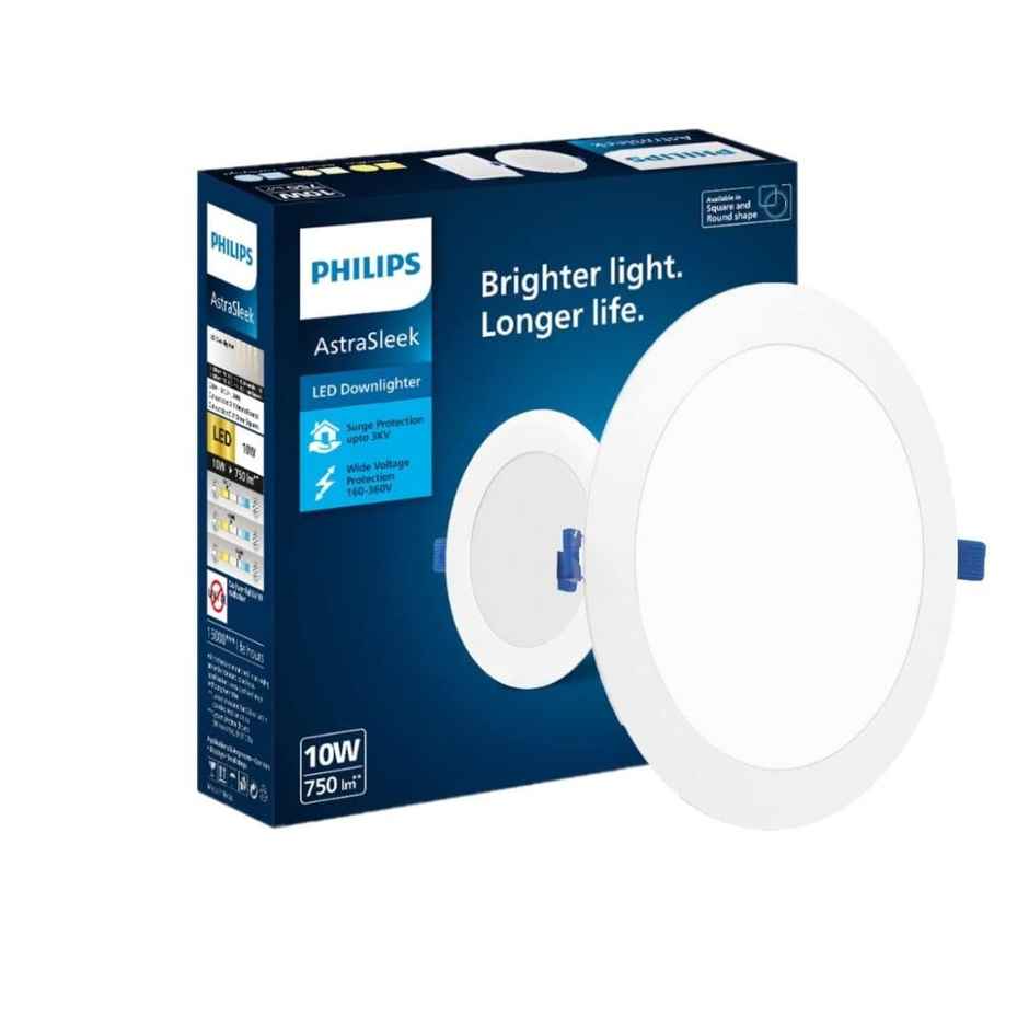 Philips Astra Sleek 10-watt Round LED Downlighter | LED Ceiling Light for Home and Hall | Cut Out: 110 mm, Color: Warm White, Pack of 1