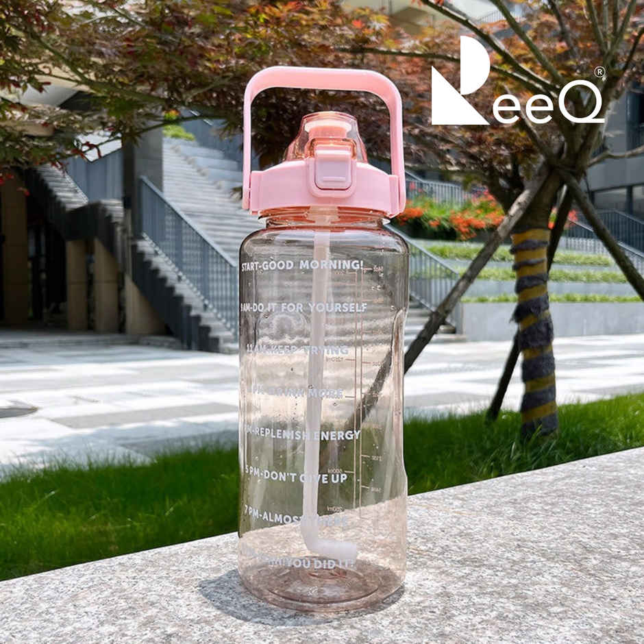 ReeQ PET Motivational Water Bottle with Straw & Time Marker | BPA Free, Leak-Proof | Pink - 2 L
