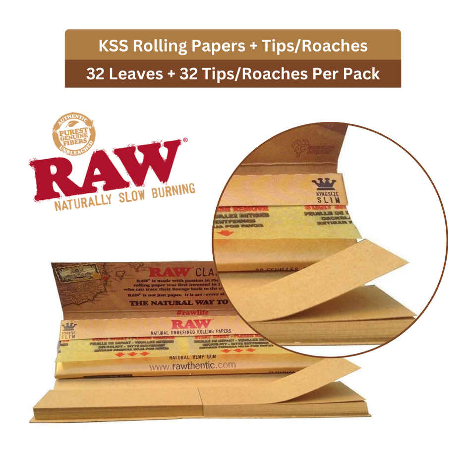 Raw Classic Connoisseur Rolling Paper with Tips King Size Slim - 32+32 Leaves/Pack