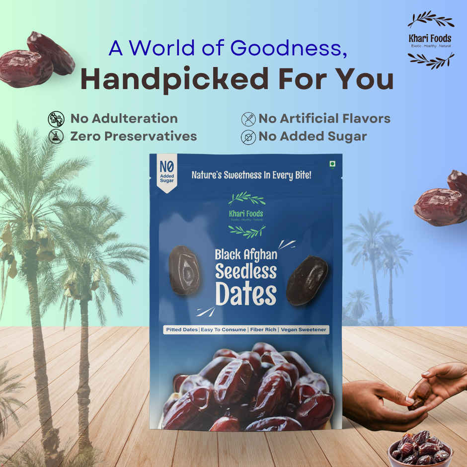Khari Foods Black Afghan Premium Seedless Dates | Deseeded Khajur, Dry Fruit Khajoor