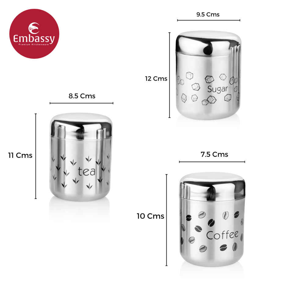 Embassy Coffee Tea Sugar Canister Set, 350/500/700 ml, Vintage Design, Premium Stainless Steel
