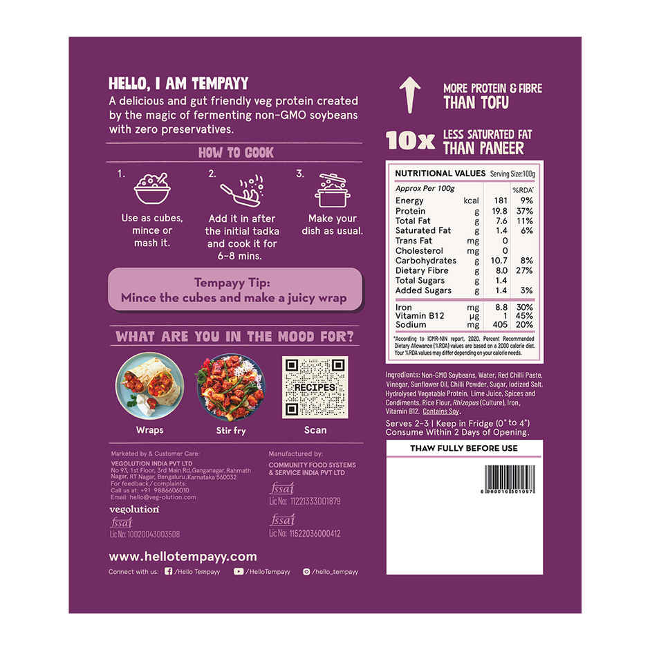 Hello Tempayy 40g Protein Peri Peri Tempeh Cubes |Low Fat & High Fibre