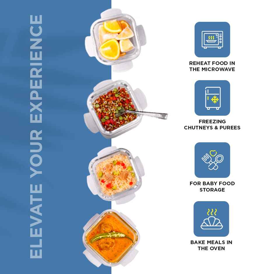 Oliveware Slick Glass Lunch Box, 4 Borosilicate Glass and Microwave Safe Container - Blue