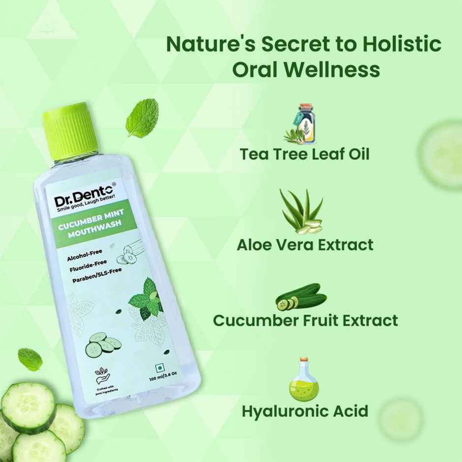 Dr.Dento Alcohol Free Cucumber Mint Mouthwash with Vitamin C & Hyaluronic Acid For Fresh Breath