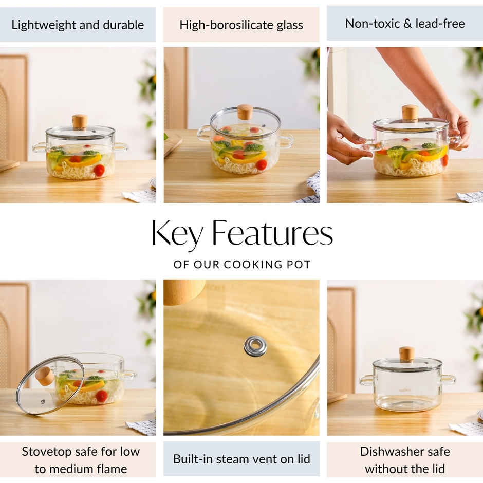 Nestasia Clear Borosilicate Glass Cooking Pot with Lid | 1800 ml