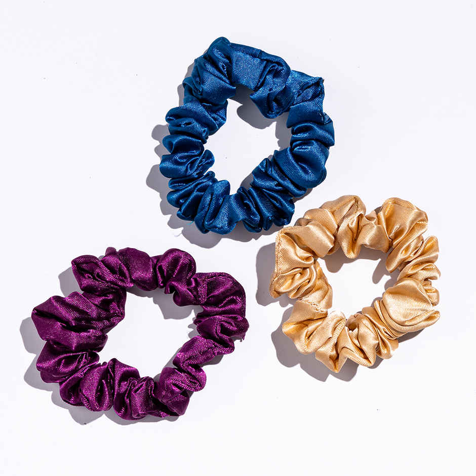 Gush Beauty Premium Hair Satin Rubber Band-Scrunchie | Set Of 3 | Blue | Magenta And Skin