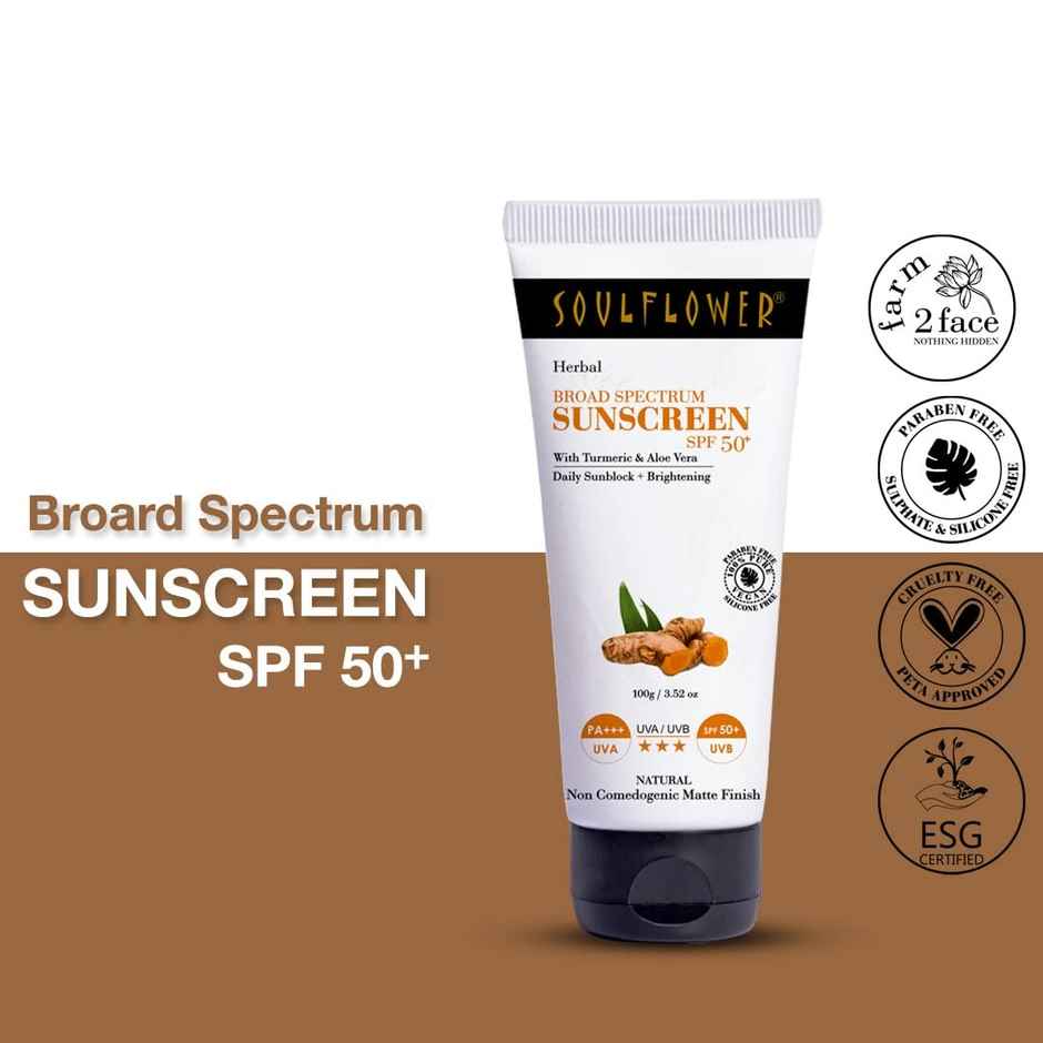 Soulflower Herbal Broad Spectrum Sunscreen With Turmeric Aloe Vera - SPF 50+ PA+++ Matte Finish, No - White Cast For Men & Women