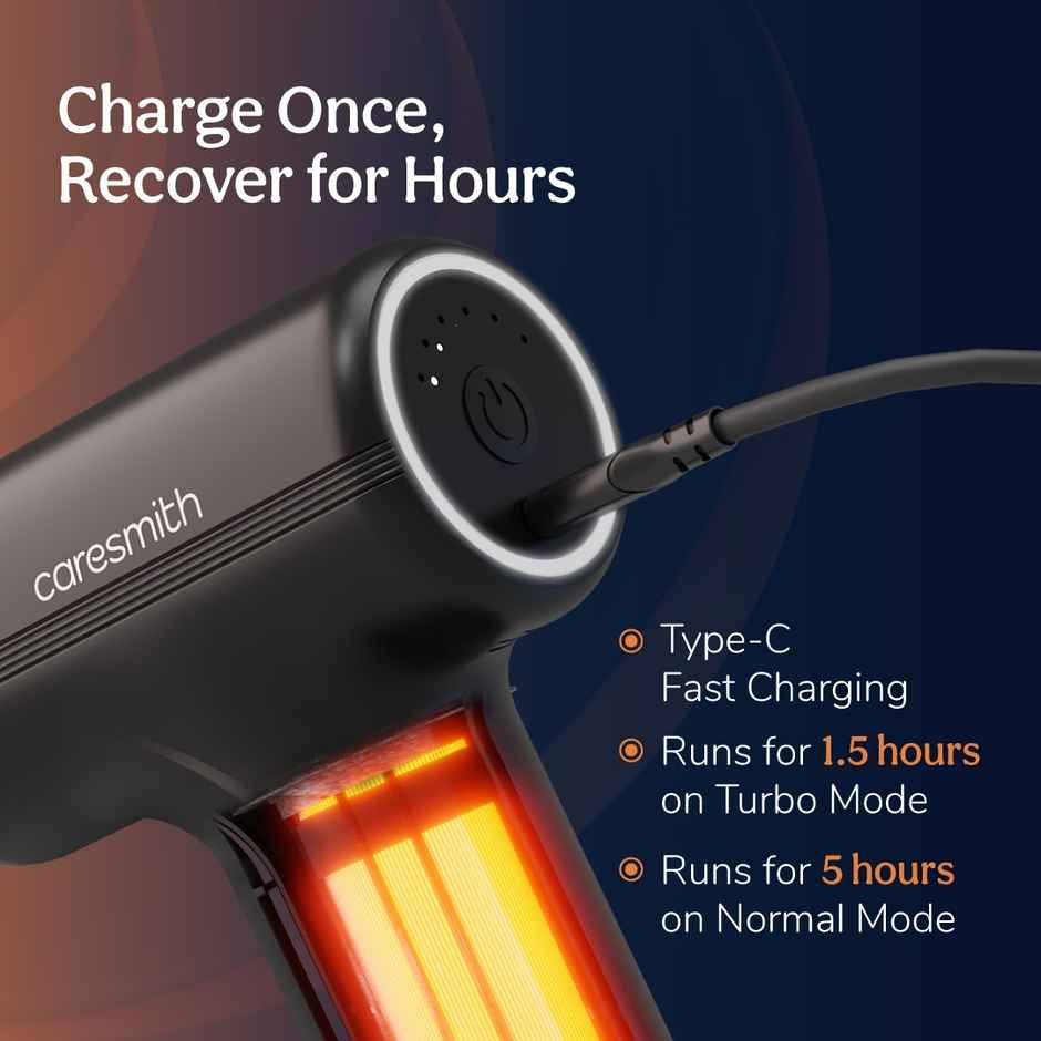 Caresmith Charge Go Massage Gun | Body Massager | 4 Heads | Full Body Pain Relief | 6 Speed Settings | Battery Powered Black