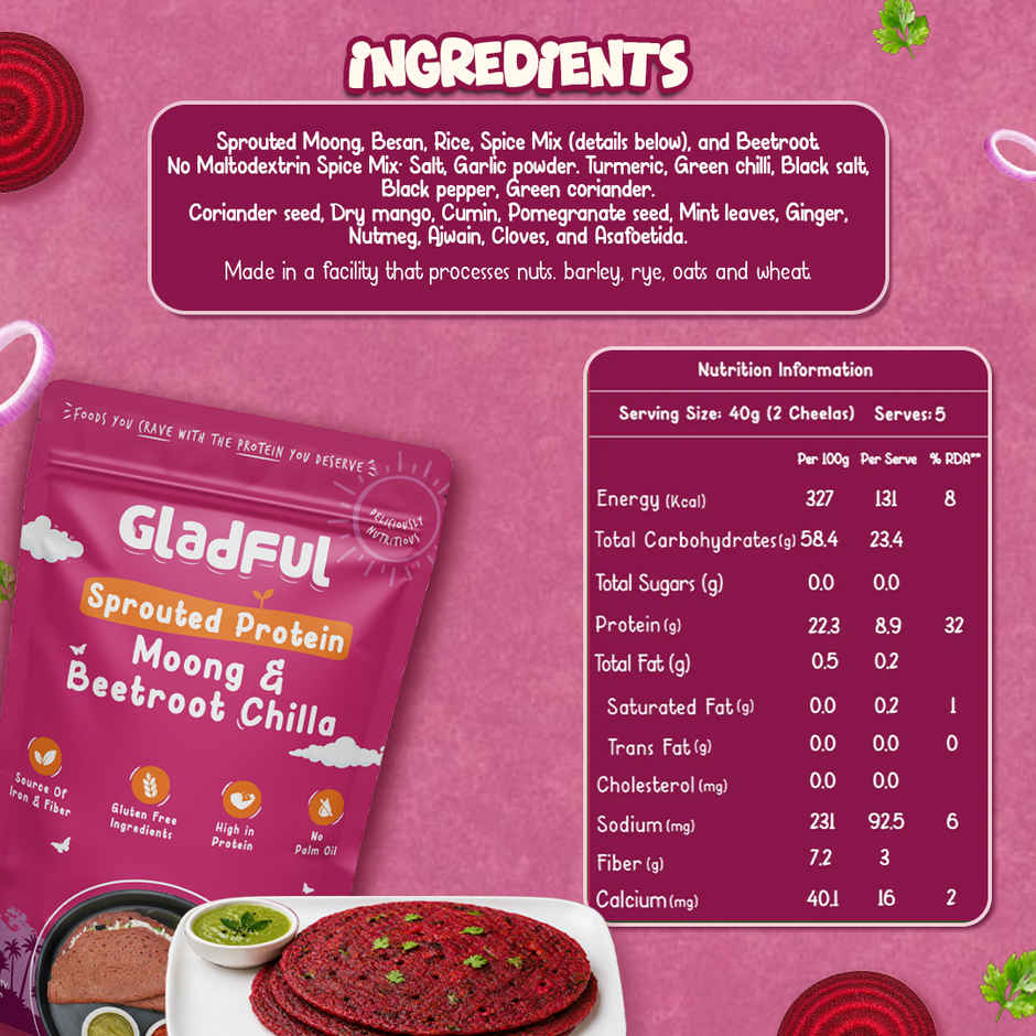 Gladful Beetroot Protein Sprouted Lentils and Millets Instant Chilla Mix