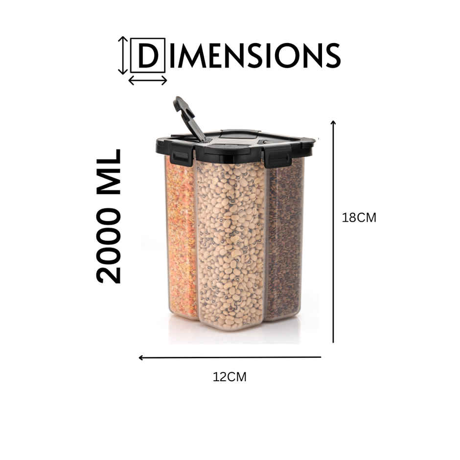 ReeQ 4 Section Airtight Dry Food Storage Container | Black Lid - 2 L