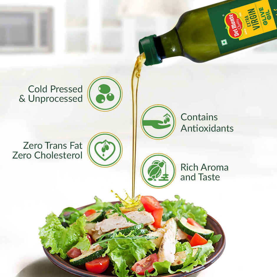 Del Monte Extra Virgin Olive Oil | Cold Pressed | Zero Cholesterol & Trans-Fat | 75% Mufa