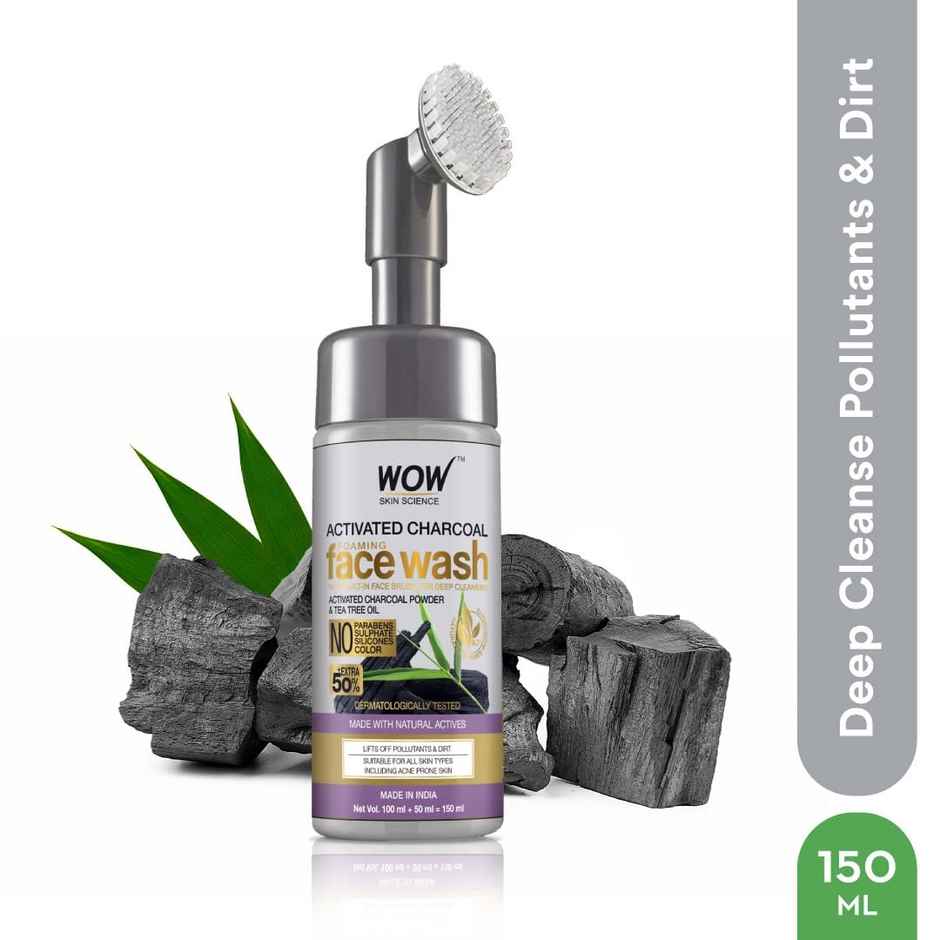 WOW Skin Science Charcoal Foaming Face Wash with Built-In Face Brush for deep cleansing - No Parabens, Sulphate, Silicones & Color