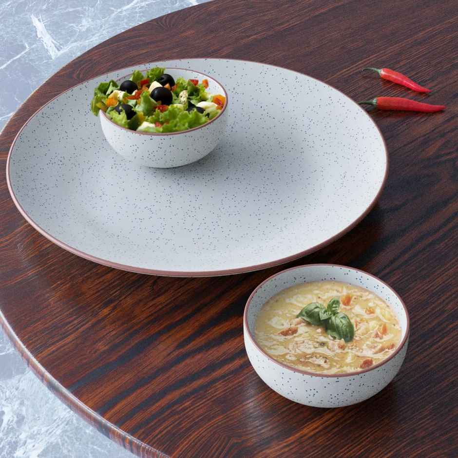 The Earth Store White Matte Ceramic 4Pc Dinner Set, 2 Dinner Plates & 2 Bowls Microwave Safe