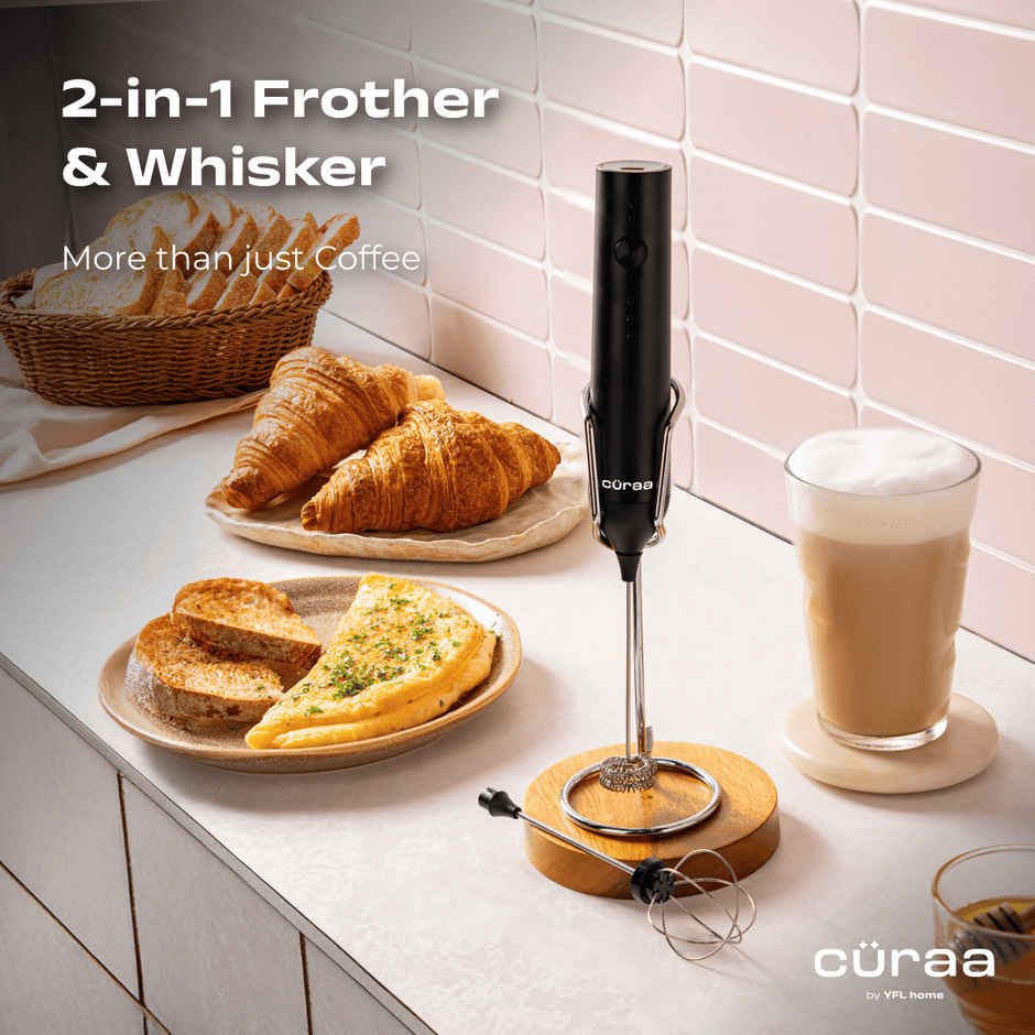 Curaa by YFL Home 10W Milk Frother for Coffee, 3 Speed Electric Milk Frother for Coffee, Lattes, Milk, Hot Chocolates & Cream, Handheld, Portable, Rechargeable Frother with Stand & Whisker - Black