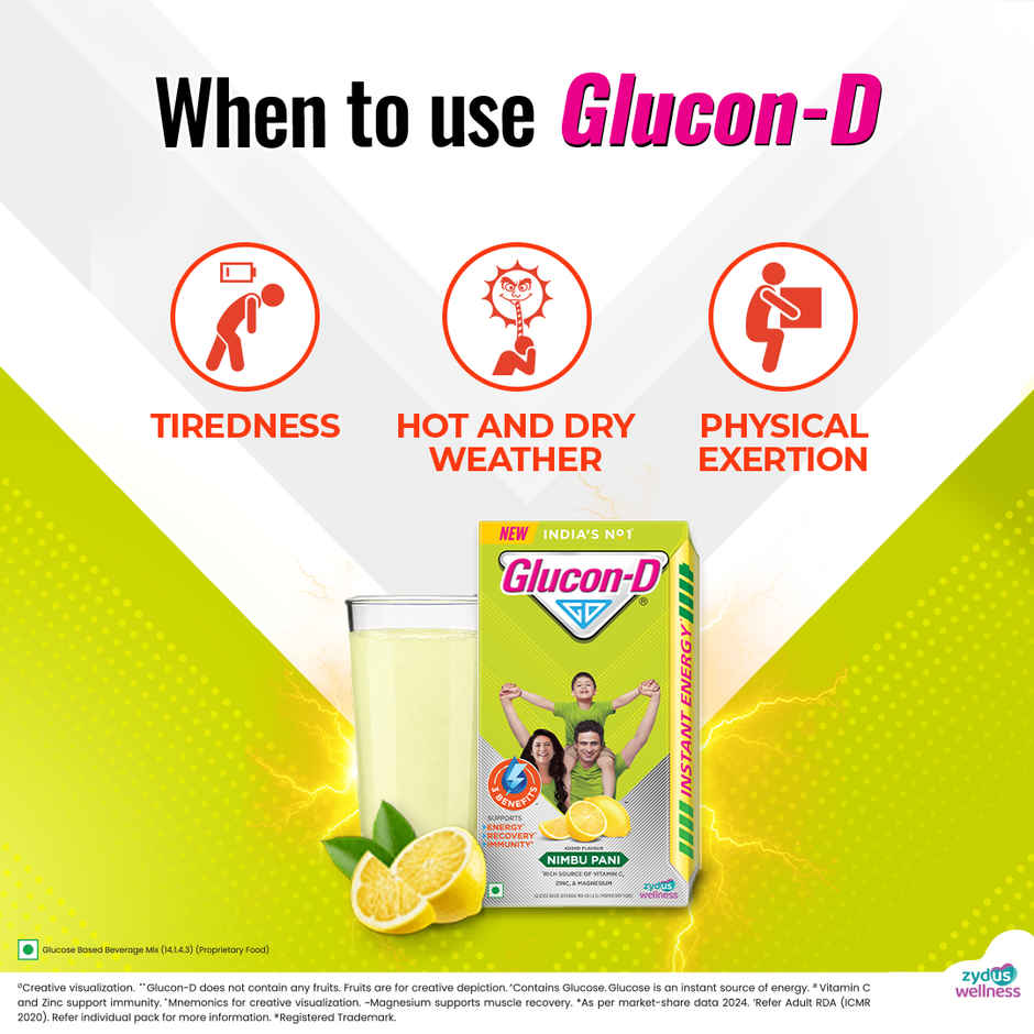 Glucon-D Nimbu Pani with 3 Benefits of Energy, Recovery, and Immunity