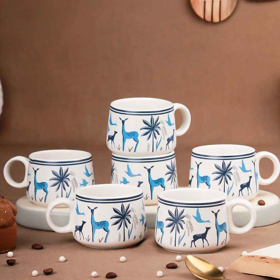 The Earth Store Stag Blue Ceramic Tea Cups | 150 ml Microwave Safe Coffee Cup