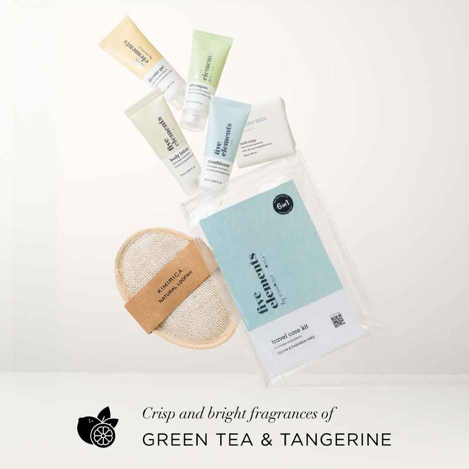 Kimirica Five Elements Travel Kit | 6-in-1 Bath Essentials with Loofah in Pouch | Self-Care Set